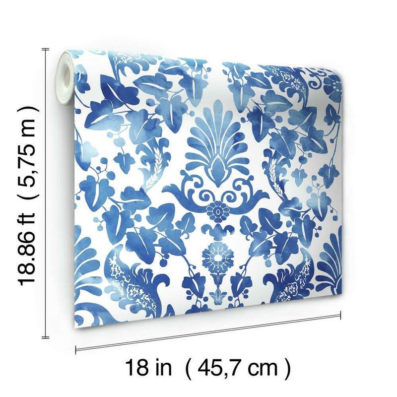 RoomMates RMK11597RL Blue Vine Damask Peel and Stick Wallpaper - Image 5